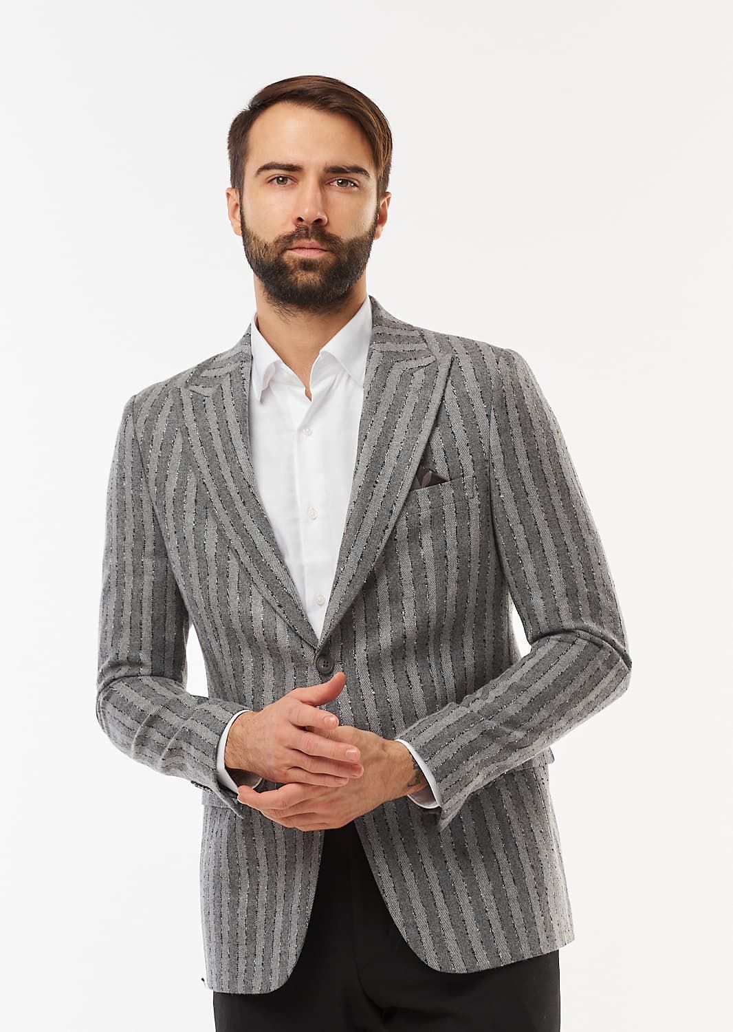 Пиджак шерстяной серый в полоску (54)